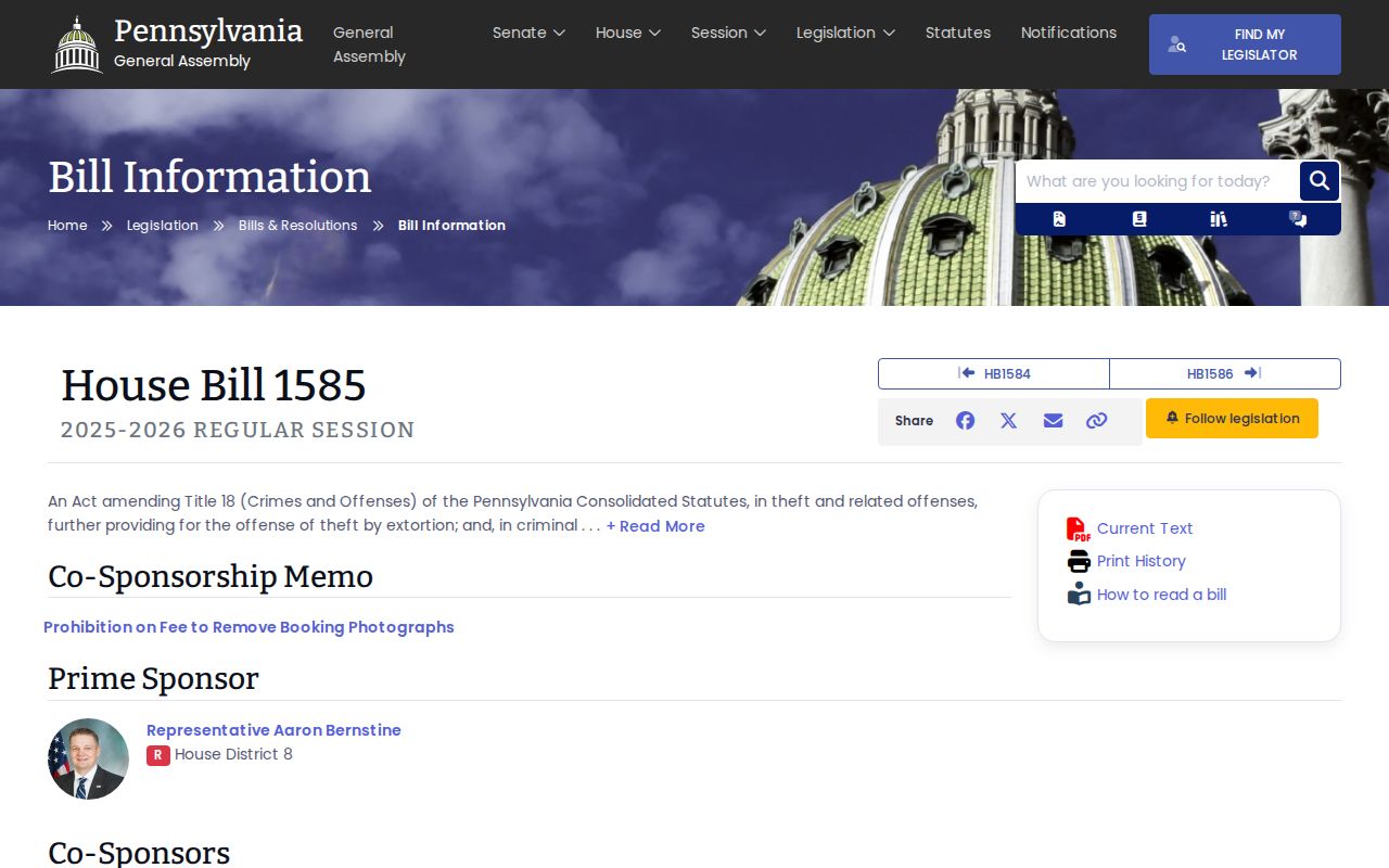 Pennsylvania HB 1585 proposed booking-photo bill status