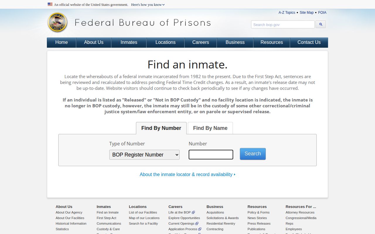 Federal BOP inmate locator fields without a public photo