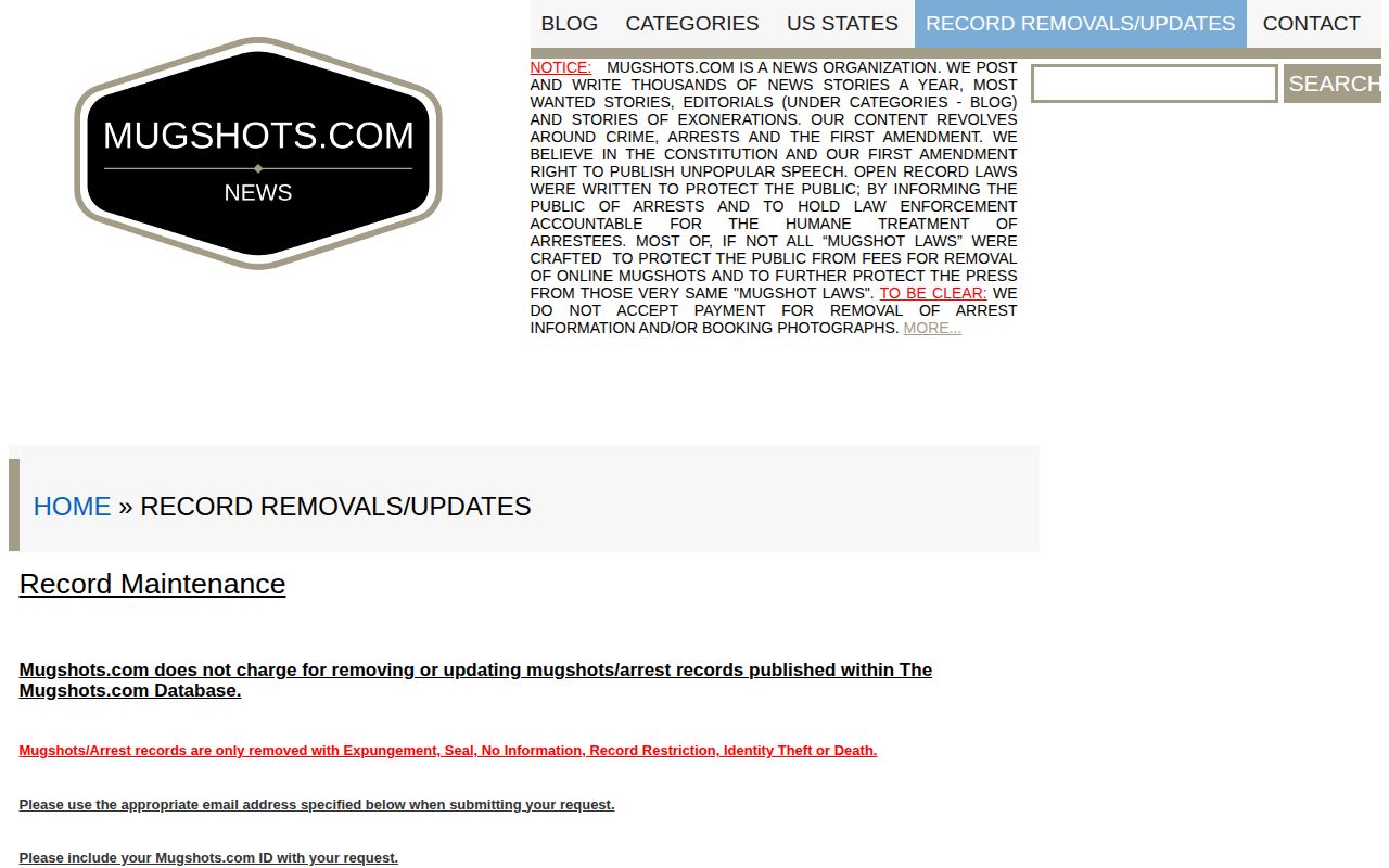 Mugshots.com record-maintenance page describing voluntary record updates