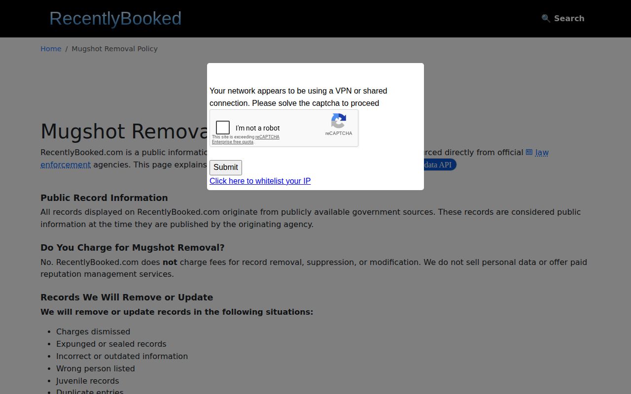 RecentlyBooked voluntary mugshot correction and removal policy page