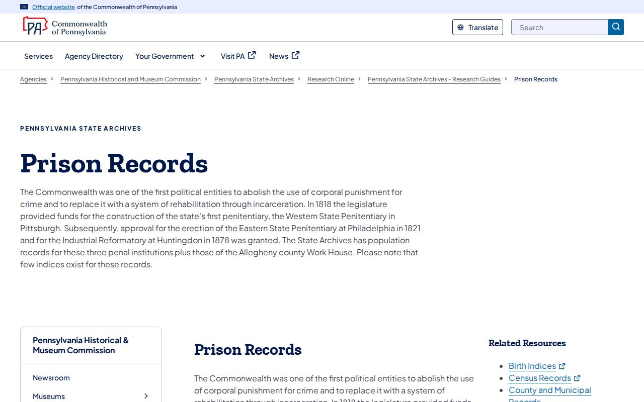 Pennsylvania State Archives prison-record guide listing historical collections