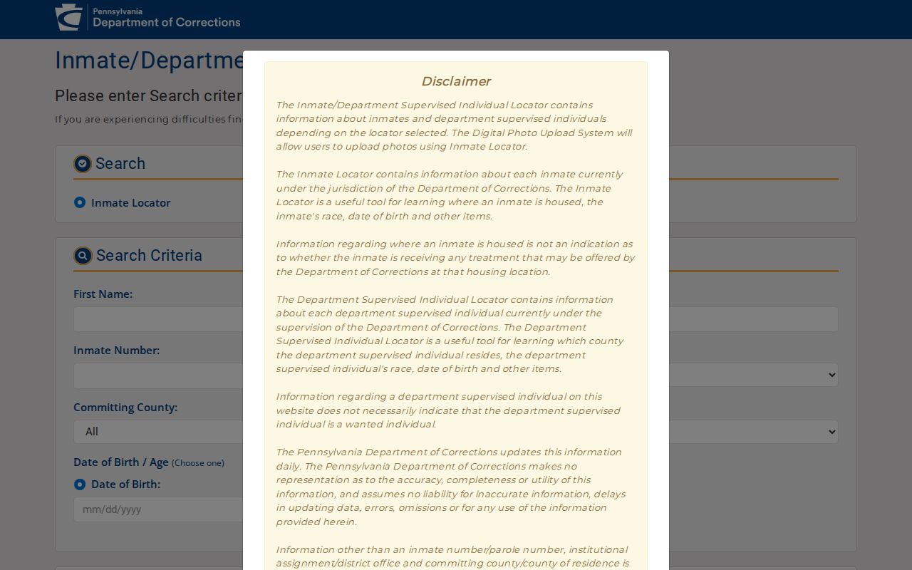Pennsylvania DOC offender locator search fields