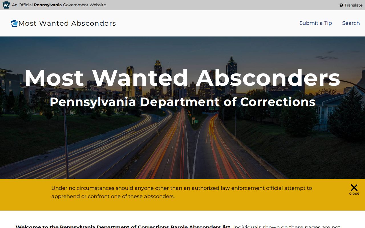 Pennsylvania DOC parole absconder notice page showing its scope and no-approach warning