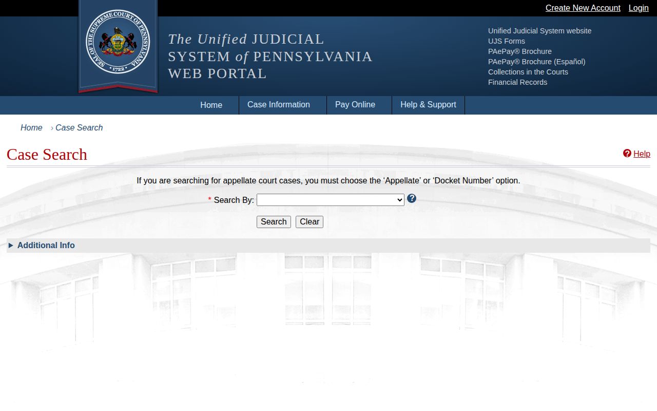 Pennsylvania UJS public docket search fields
