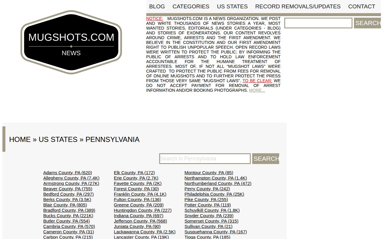 Pennsylvania Mugshots.com secondary state page