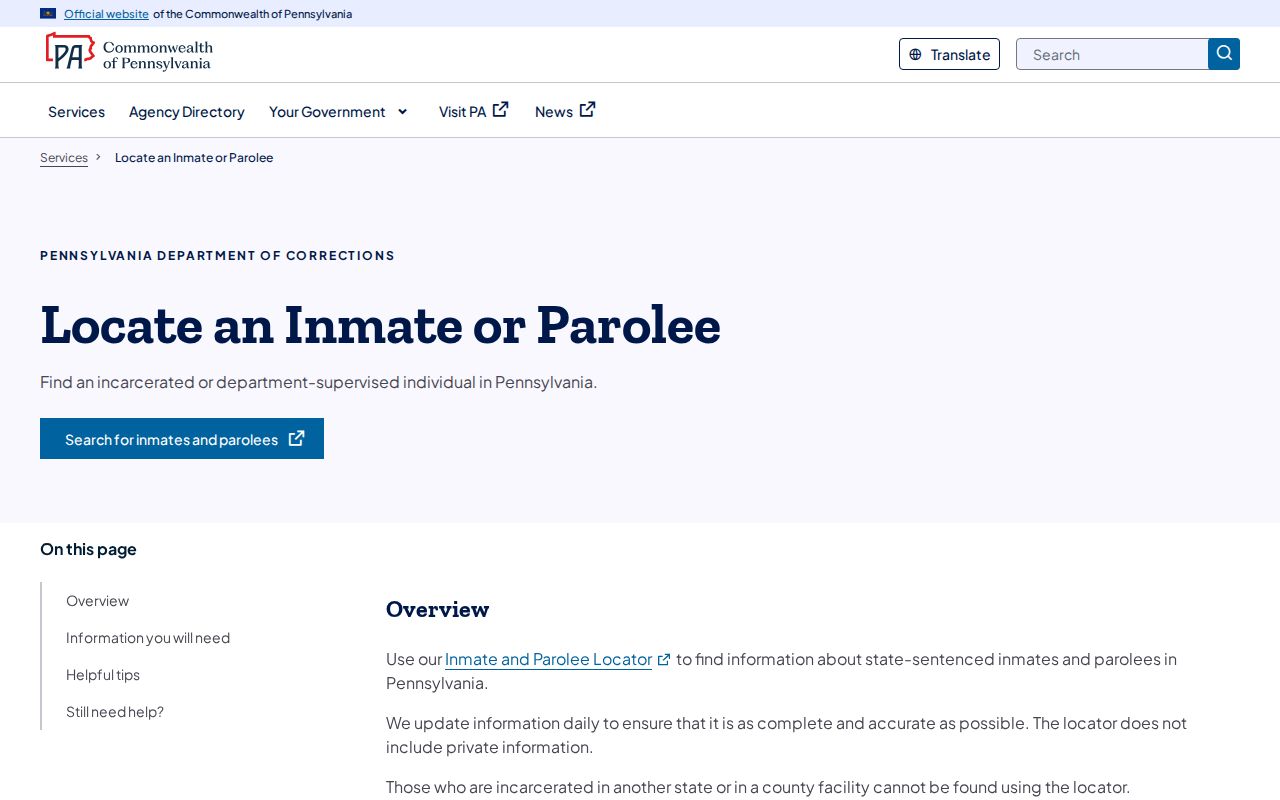 Pennsylvania DOC state-sentenced and parolee locator scope