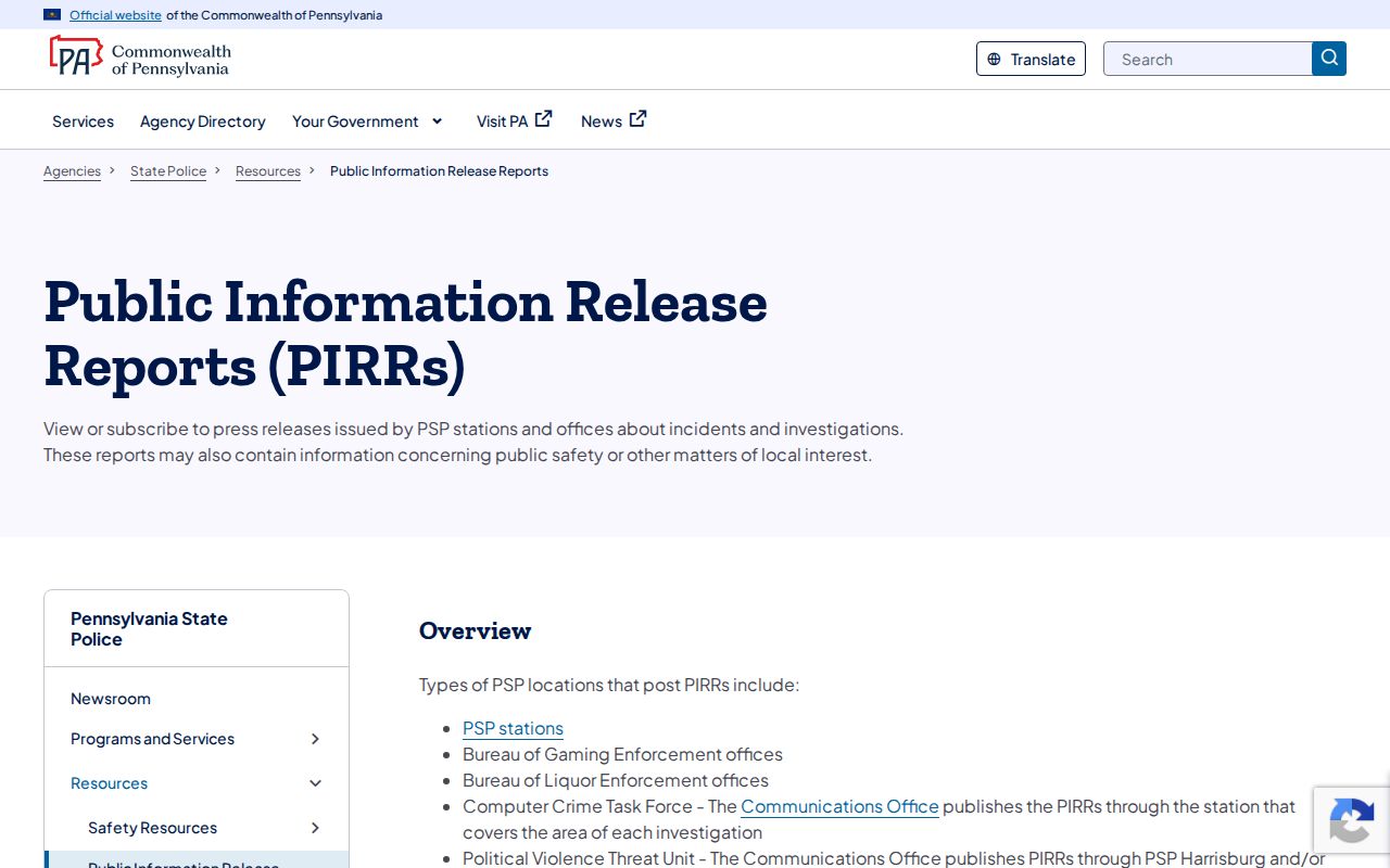 Pennsylvania State Police incident release filters and subscriptions
