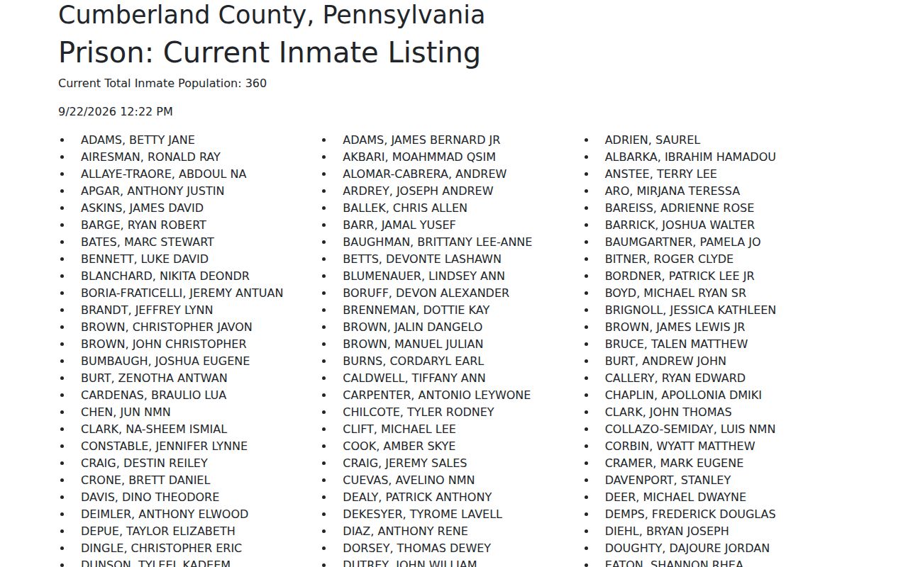 Pennsylvania county current-custody listing with timestamp